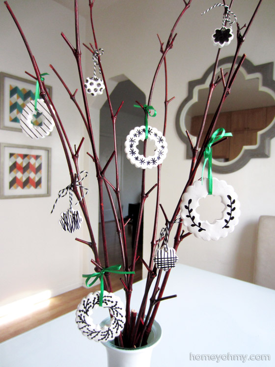 Clay ornaments on branches