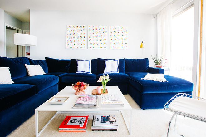 Casual blue velvet couch
