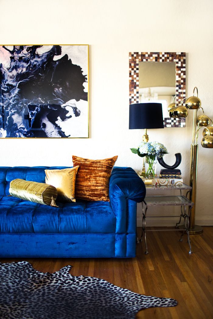 Glam blue velvet couch