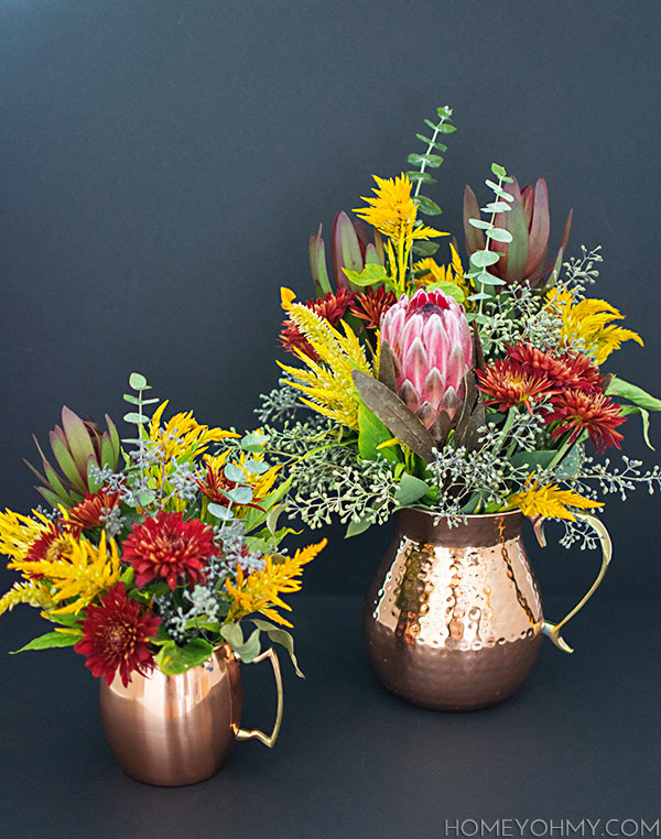 Copper mug and pitcher floral arrangements