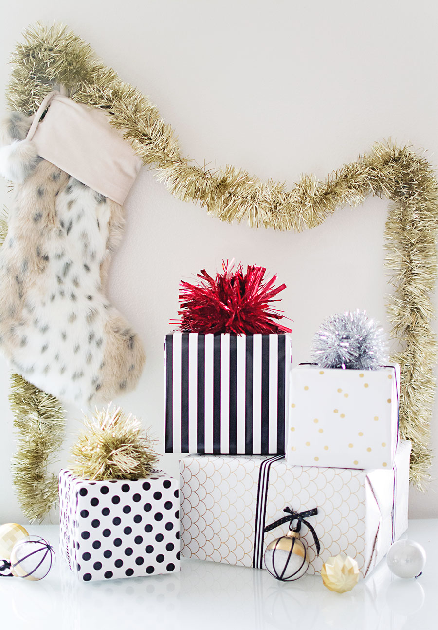 DIY Tinsel pom pom gift toppers