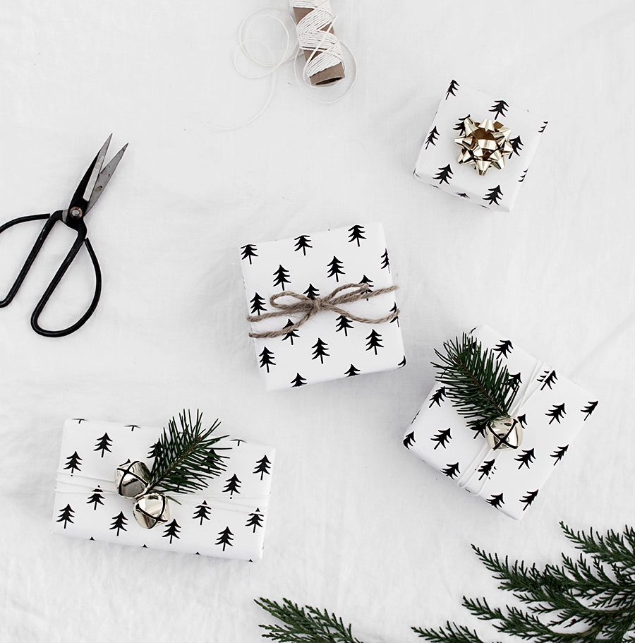 Scandi Christmas wrapping ideas. Black and white wrapping paper. A